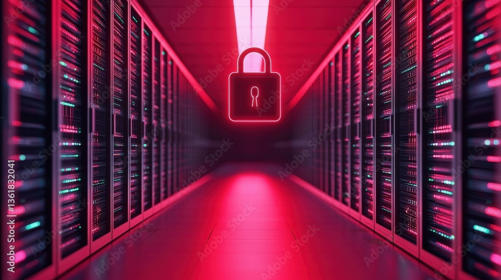 Aufkleber cyber security awareness password network concept. futuristic data center with a prominent lock symb