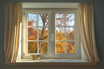 Colorful autumn leaves visible through a cozy window with curtains on a sunny afternoon