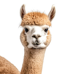 close-up a light-colored alpaca with a fluffy coat and expressiv