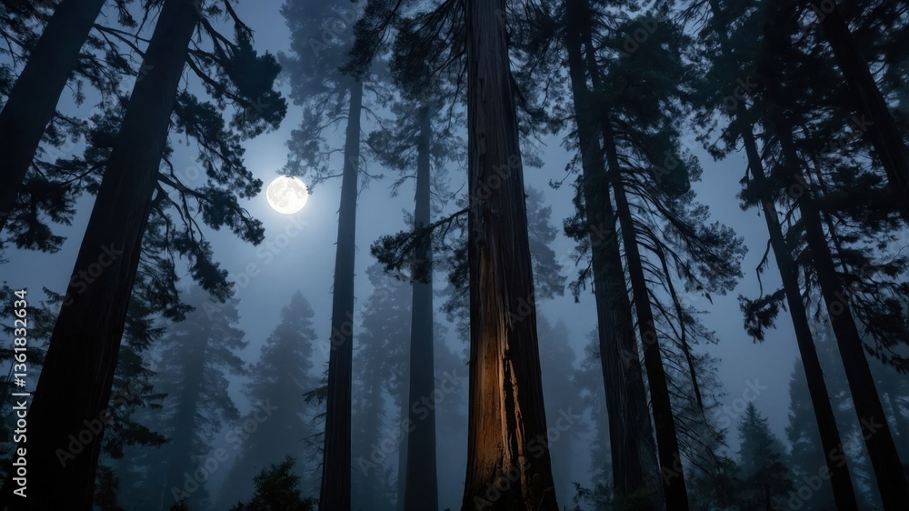 Poster a misty forest scene illuminated by a full moon, showcasing towering trees and an ethereal atmospher