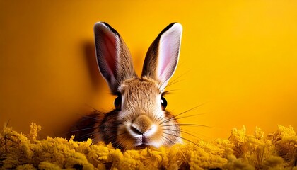 Obraz premium Easter day Golden rabbit sculpture, realistic animal head, mounted on yellow wall, 3D art, metallic texture, dramatic lighting, high contrast, studio photography, minimalist composition, decor, 
