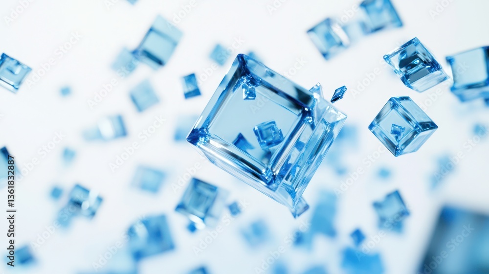 Poster abstract translucent blue cubes in motion on white background. possible use stock photo