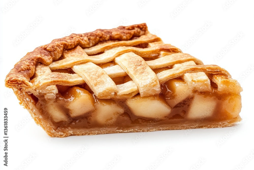 Poster delicious slice of homemade apple pie with golden crust on a clean white background