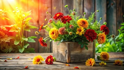 Vibrant autumnal flowers arranged in a rustic wooden box, bathed in the warm glow of sunlight on a weathered wooden surface