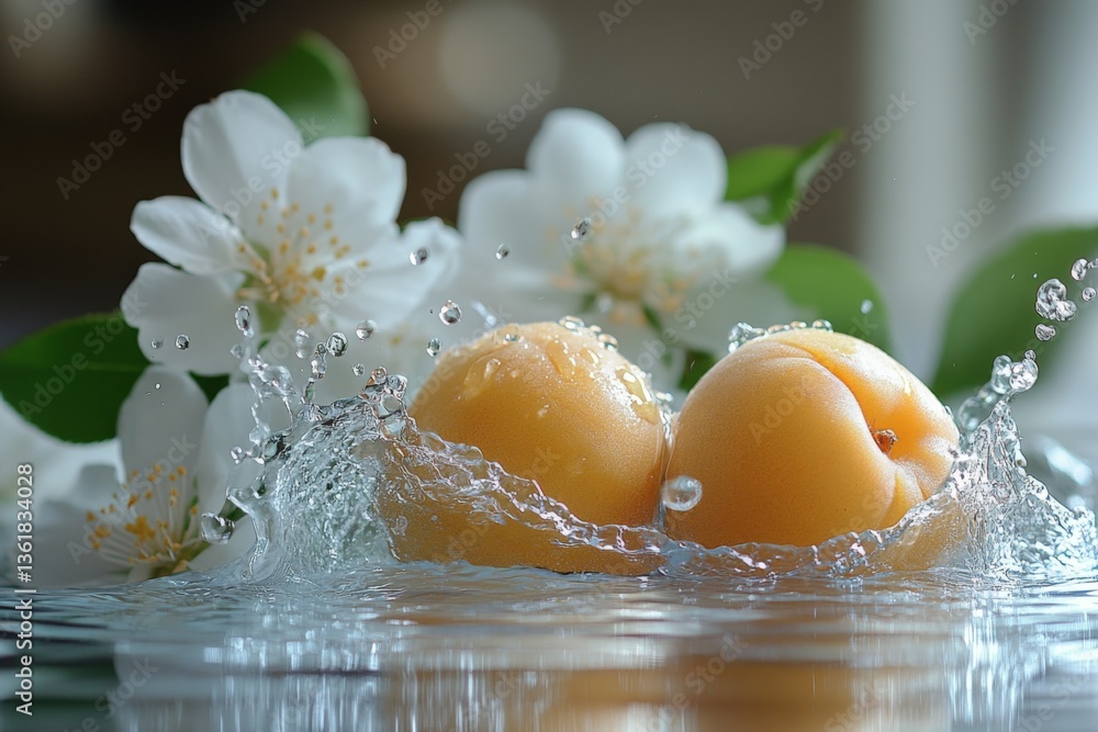 Aufkleber fresh apricots create ripples in water amid blooming flowers in a serene setting