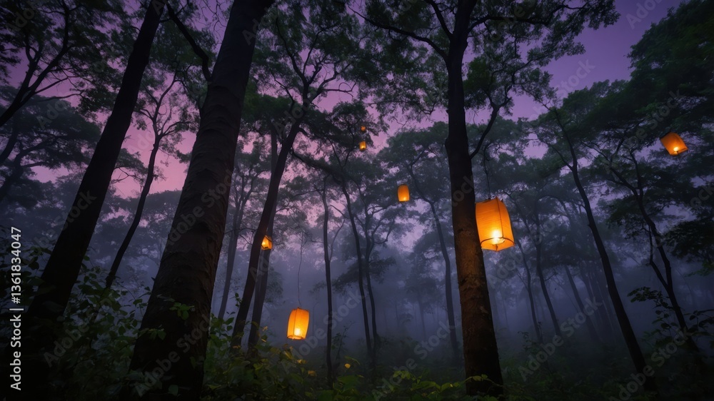 Poster a serene forest scene illuminated by hanging lanterns at dusk, creating a magical atmosphere.