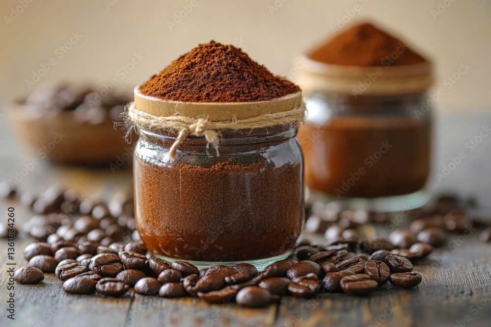 Poster freshly ground coffee in jars with beans scattered on a rustic wooden table