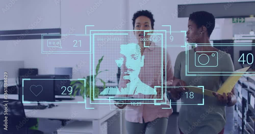 Aufkleber two people walking in office with digital data processing animation overlay