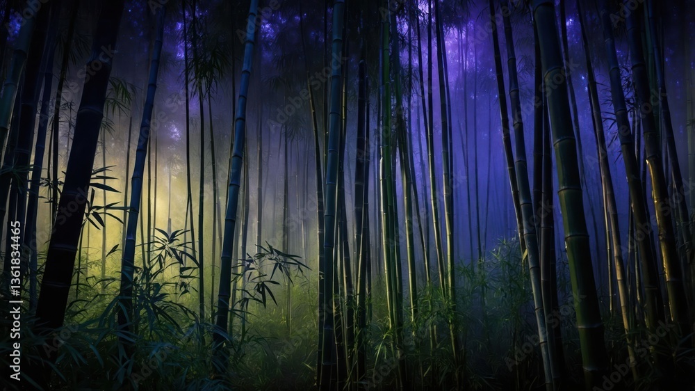 Poster a serene bamboo forest shrouded in mist, illuminated by soft light, creating an enchanting atmospher