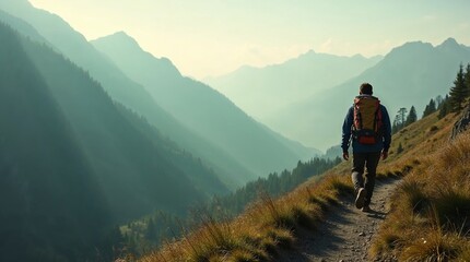 Hiker enjoying nature while walking on mountain trail  