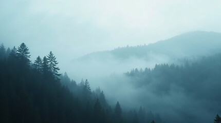Misty mountain landscape with evergreen trees  