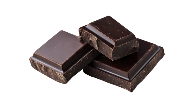 three pieces of dark chocolate stacked on a white background sho