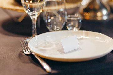 Menu mockup on wedding dinner. Birthday table setting. Overhead view.