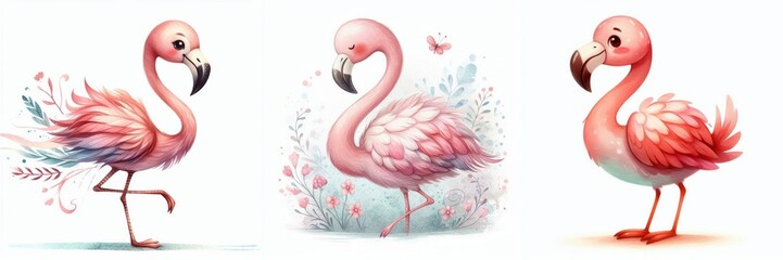 Charming trio of fanciful flamingo illustrations rendered in watercolor style