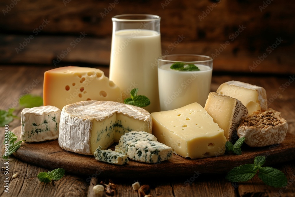 Poster assortment of artisanal cheeses and fresh milk arranged on a wooden board with mint leaves in a rust