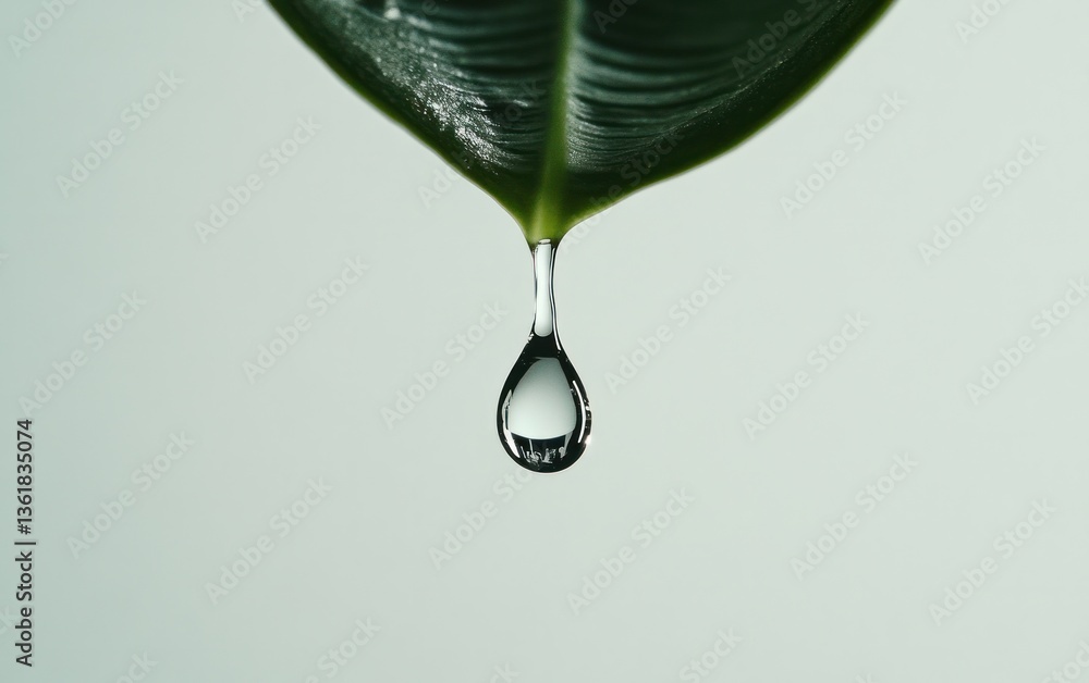Poster close-up of a single water droplet hanging from a vibrant green leaf against a muted gray background