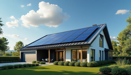 Obraz premium Modern house with solar panels on roof under blue sky