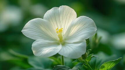 Fototapeta premium a close up of a delicate white flower with a yellow center surrounded by a soft blurred green background creating a serene,tranquil mood the image highlights nature s simplicity,beauty
