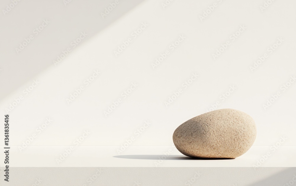 Aufkleber beige stone on a minimalist off-white surface, illuminated by a soft light source casting a shadow. 