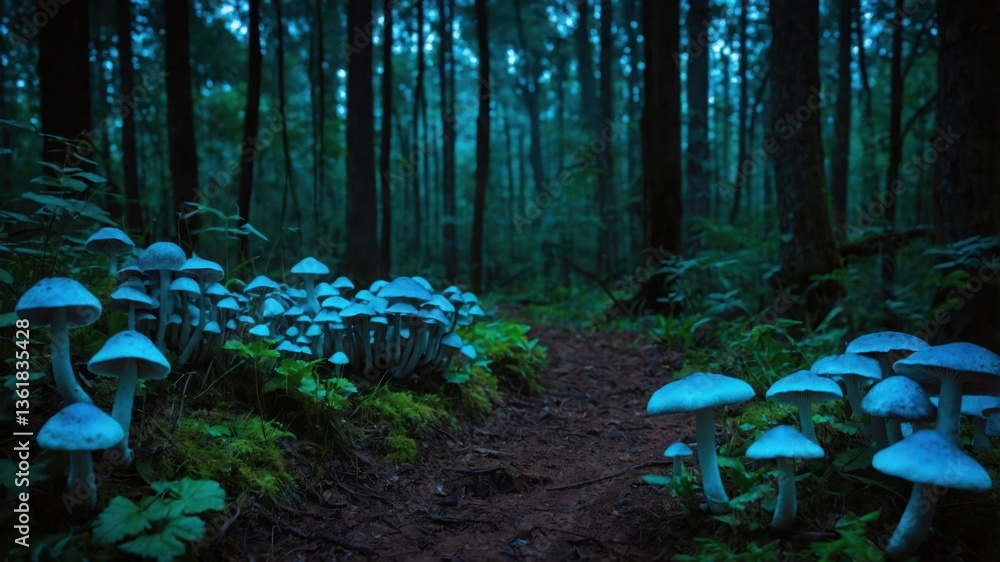 Aufkleber a serene forest path lined with luminous mushrooms, creating an enchanting atmosphere.