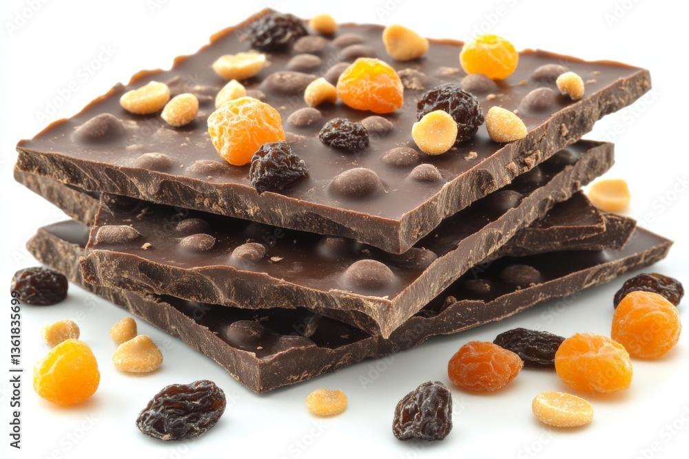 Poster indulgent dark chocolate with dried fruits and nuts stacked on a clean surface