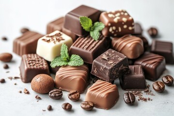 Decadent assortment of gourmet chocolates arranged with mint and coffee beans on a light background