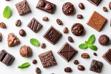 Delicious chocolate assortment with coffee beans and mint leaves on a white surface