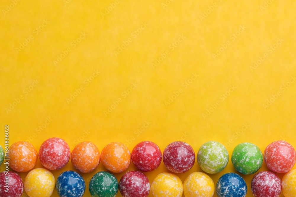 Poster colorful candy balls arranged in a row against a bright yellow background showing vibrant hues and a