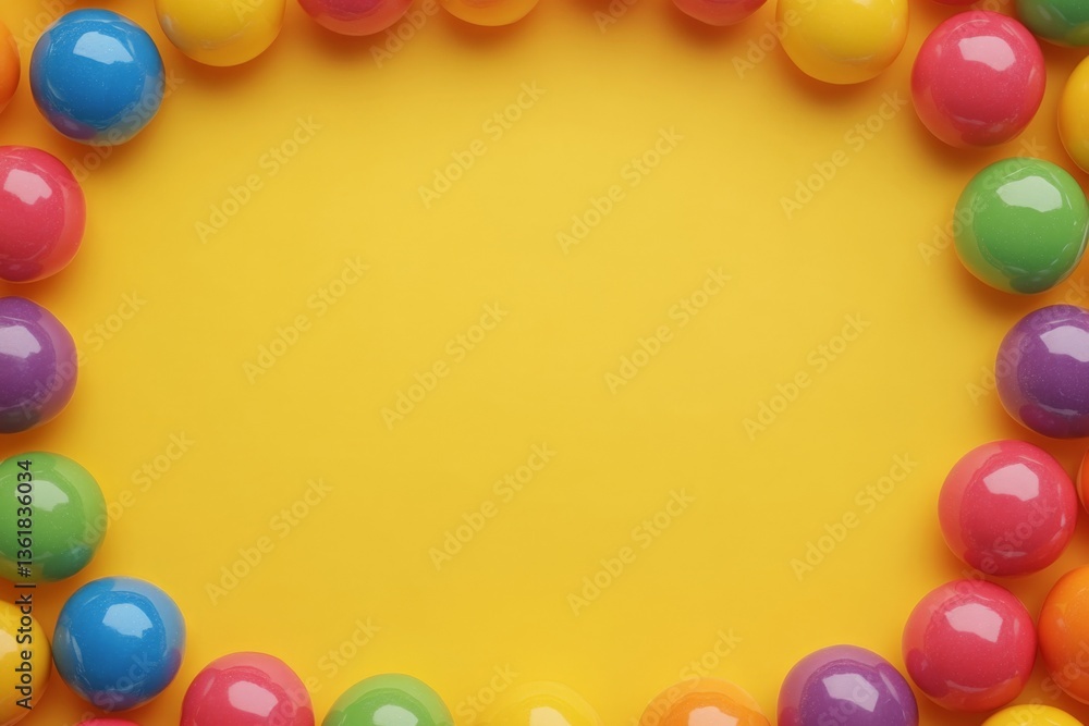Poster colorful plastic balls arranged in a circular pattern on a bright yellow background suitable for pla