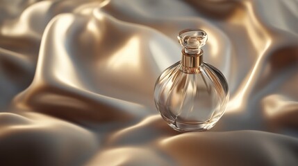 Create a modern perfume bottle mockup, with a sleek glass design, placed on a satin fabric background with soft lighting for a luxurious feel.