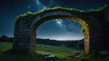 An ancient stone archway covered in greenery, framed by a starry night sky and the Milky Way.