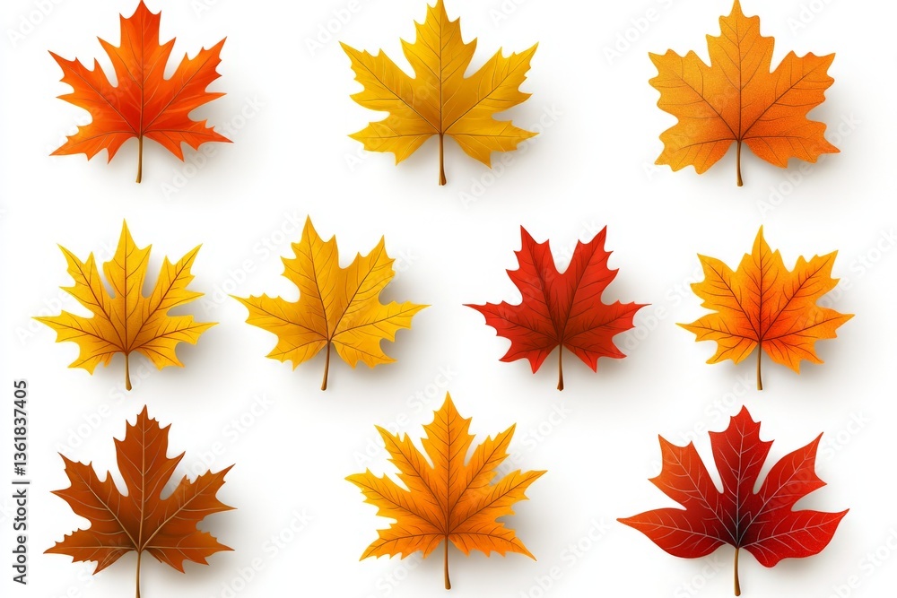 Poster colorful autumn leaves arranged in a grid displaying the vibrant hues of fall foliage from various t