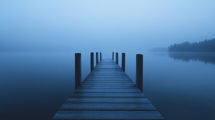Fototapeta premium A misty pier stretches into a vast expanse of water, engulfed by a serene blue haze, evoking a sense of calm and infinity.