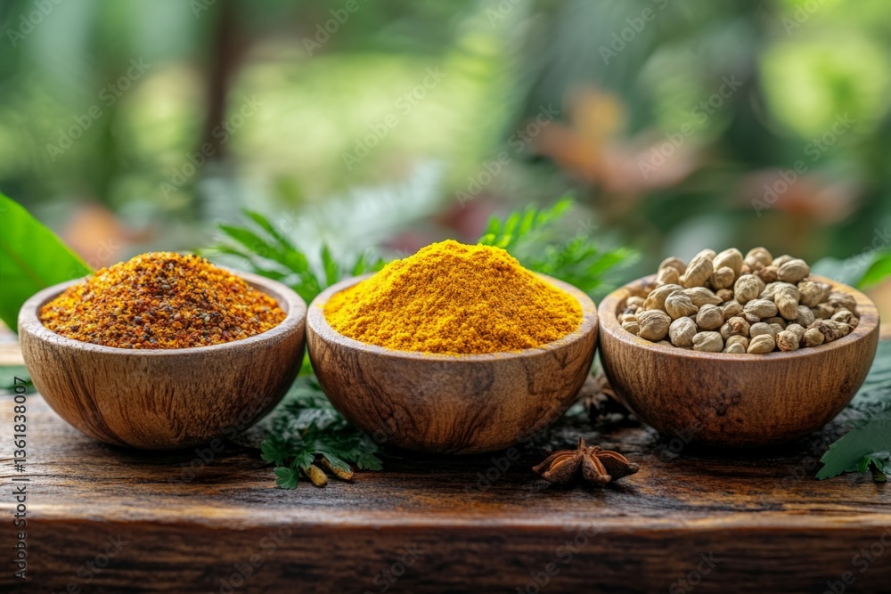 Poster variety of colorful spices displayed in wooden bowls on a table surrounded by greenery
