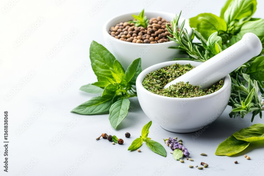 Poster fresh herbs and spices on display with pestle and mortar in a kitchen setting