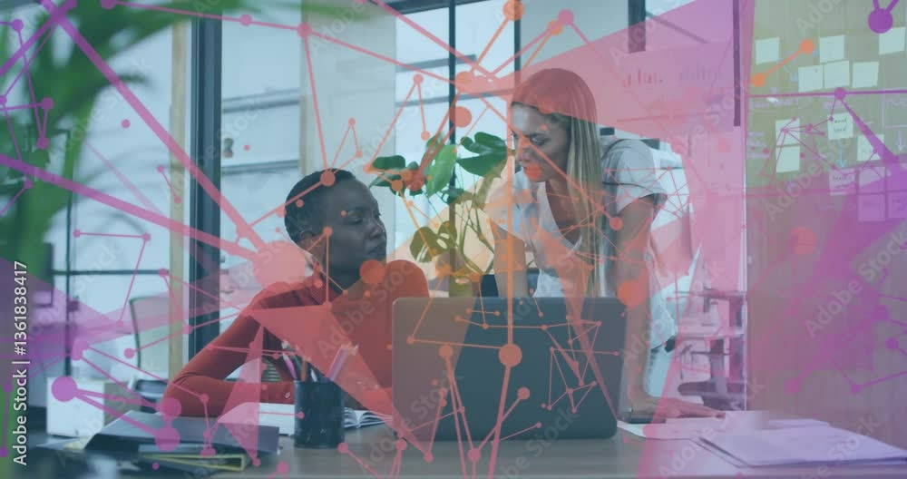 Aufkleber two colleagues discussing work at office with abstract network animation overlay