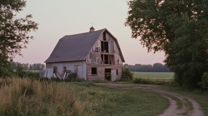 Obraz premium An aged wooden barn stands alone in a sunlit field, evoking nostalgia and rustic charm, surrounded by the lushness of a quiet rural landscape.