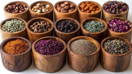 Fototapeta premium a collection of twelve wooden bowls filled with various dried fruits nuts seeds herbs,botanicals including poppy seeds dried apricots rosebuds pine nuts hazelnuts,mulberries