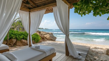 Obraz premium Serene Beachfront Relaxation: Luxurious Beach Cabana with Ocean View