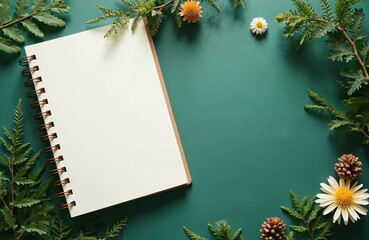 Blank notebook with spiral binder, flowers, leaves on green paper background. Top view, winter floral arrangement. Perfect backdrop for winter lettering, greeting text, seasonal offers, promotion.
