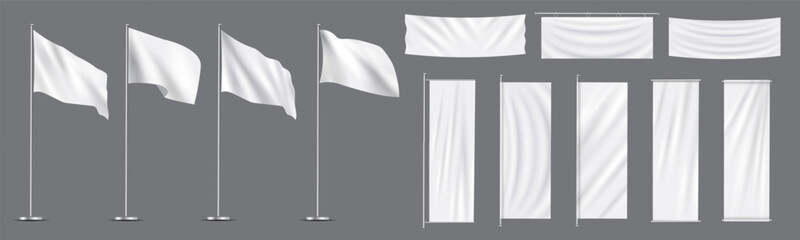 Vector realistic set white flags,textile banners on flagpoles