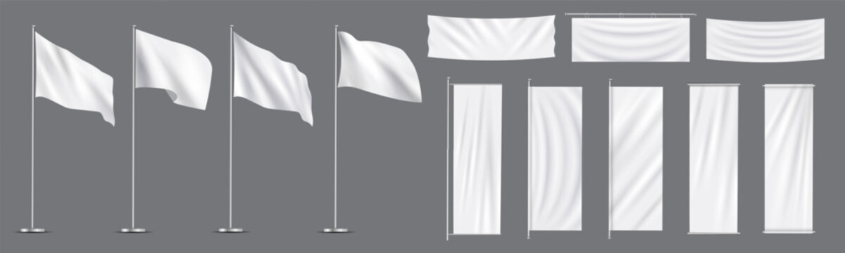 Vector realistic set white flags,textile banners on flagpoles
