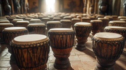 Ancient drums, a rich cultural heritage, in a dimly lit room.  Many drums are lined up, creating a powerful visual impact