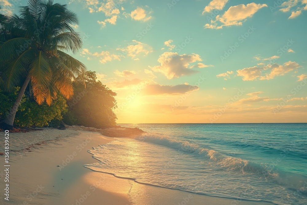 Poster serene sunset at a tropical beach with palm trees and gentle waves lapping the shore