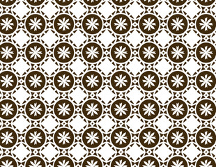 A decorative fabric displaying a brown and white floral pattern with intricate flower designs