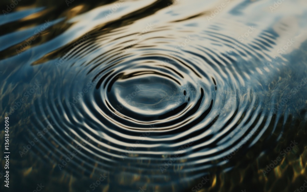 Poster close-up view of concentric ripples on dark water, showing reflections and subtle color variations. 