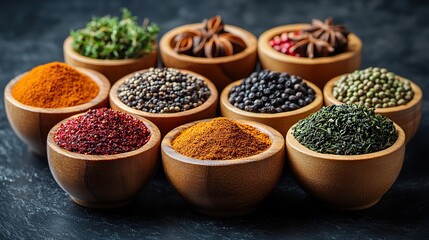 a collection of twelve wooden bowls filled with various dried spices herbs,seeds including turmeric ginger star anise green tea black pepper,other natural ingredients for culinary and