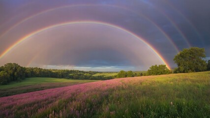 Naklejka premium A vibrant landscape featuring multiple rainbows over a colorful field of flowers and lush greenery.