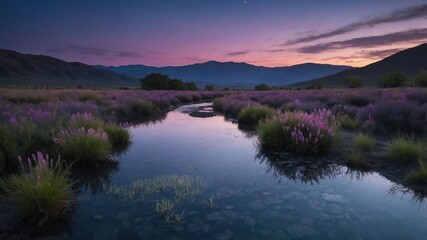 Obraz premium A serene landscape featuring a purple-hued field, a winding stream, and distant mountains at dusk.