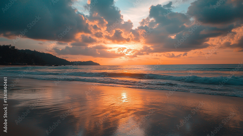 Poster a scenic view of a beach with waves crashing and a colorful sunset with clouds in the background